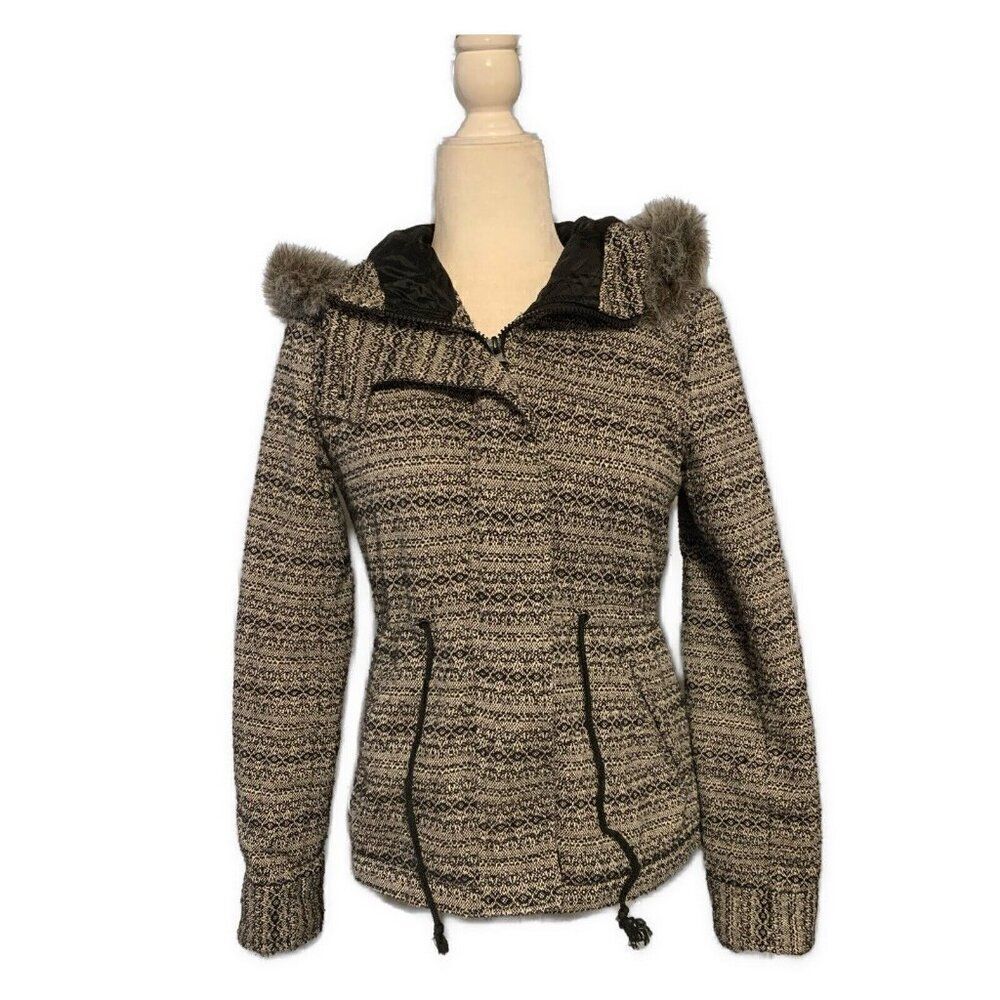 jack by bb dakota Black White Knit Hooded Faux Fur Puffer Jacket Small